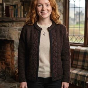 Harley of Scotland Celtic Merino Knit Wool Cardigan Chocolate Brown Heritage